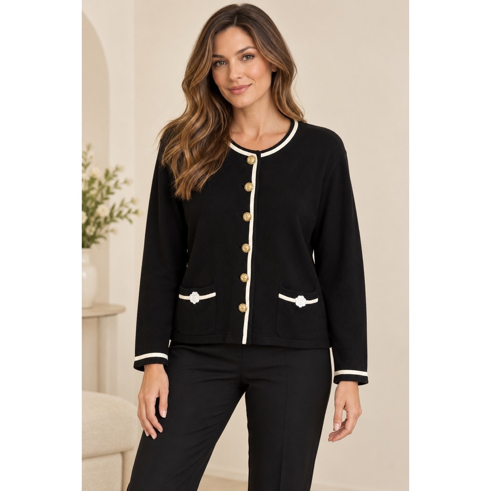 Vintage St John Sport Lady Jacket M Black White Trim Gold Crest Buttons classic